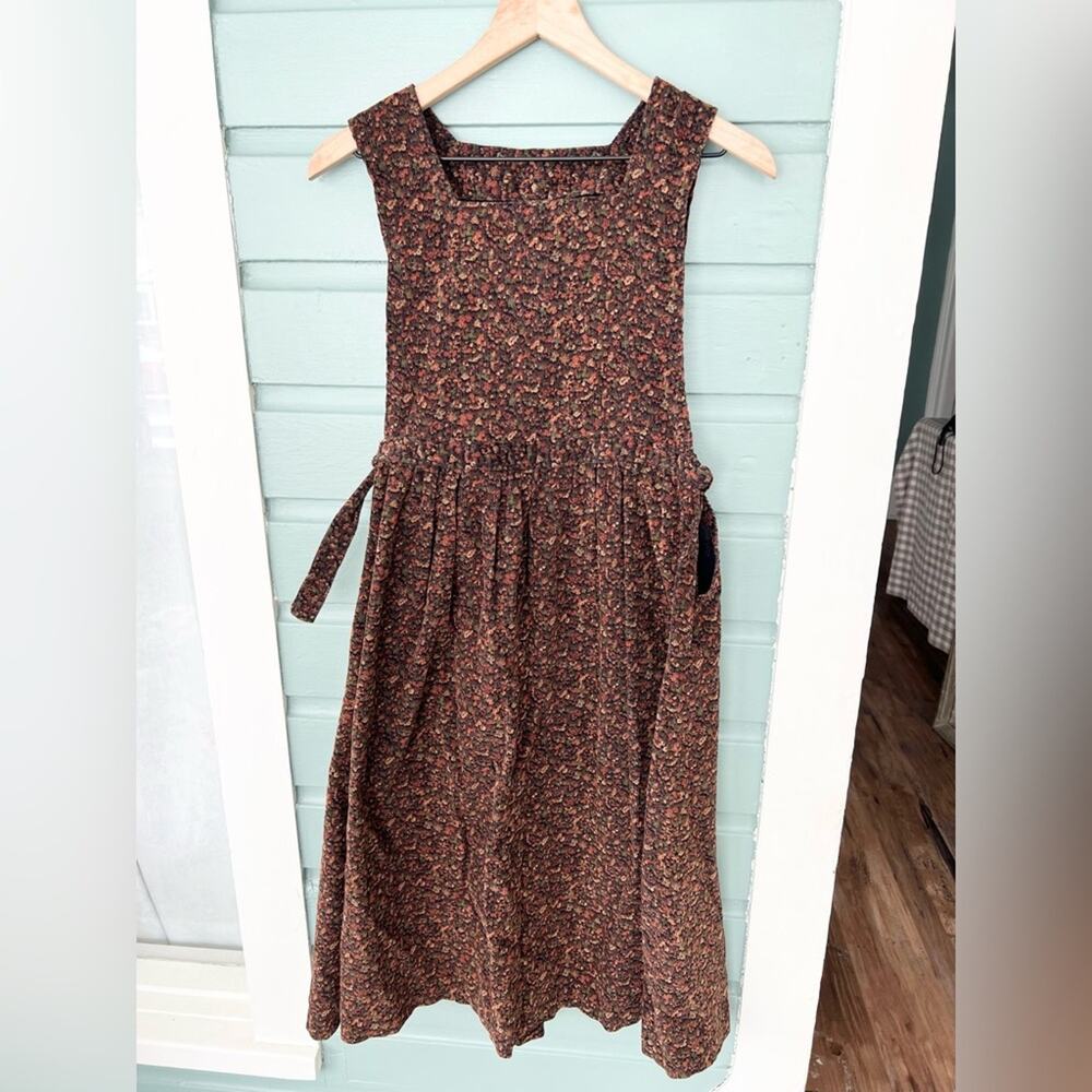 Vintage cottagecore pinafore dress brown ditsy floral corduroy down XS small